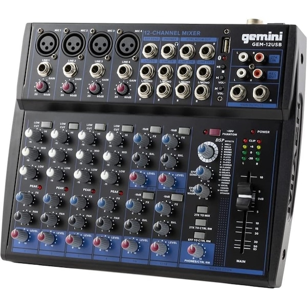 Gemini Compact 12 Channel Bluetooth Audio Mixer With USB  12 Ins, 2 Bus, 3 Band EQ - GEM-12USB