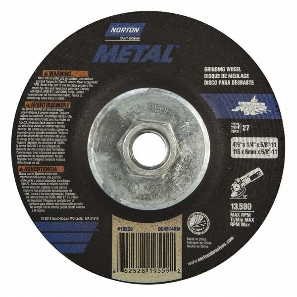 Rueda Norton Abrasivos para Centro Deprimido, Tipo 27, 4 1/2 pulgadas de diámetro, 0.25 pulgadas de grosor, tamaño de agujero de 5/8"-11 - 66252819559.