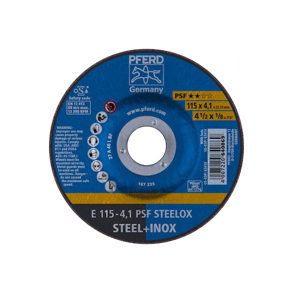 Rueda de esmerilado Pferd de 4-1/2" x 1/8, 7/8" A.H. - PSF STEELOX - Tipo 27 - 63410.