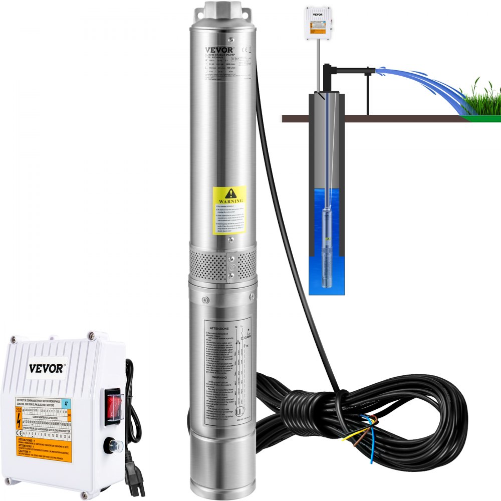 VEVOR Deep Well Submersible Pump, 1.5HP 115V/60Hz, 37gpm 276ft Head, with 33ft Cord & External Control Box, 4" Stainless Steel Water Pump for Industrial, Irrigation and Home Use, IP68 Waterproof - SJQSBWZQDHMC1WNE8V1