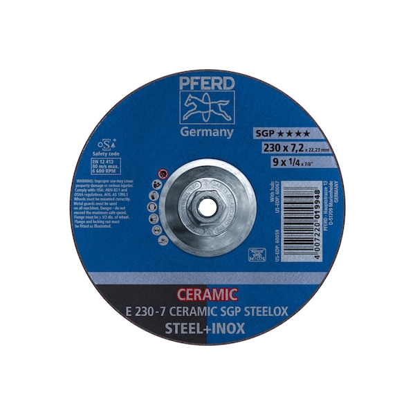 Rueda de esmerilado Pferd, 9" x 1/4", Tipo 27, 9 pulgadas de diámetro, 1/4 de pulgada de grosor, tamaño de orificio de husillo de 5/8"-11 - 60067.