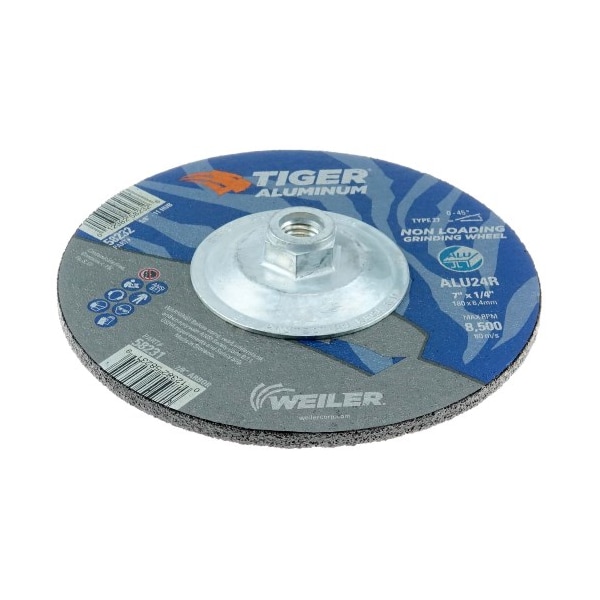 Muela de rectificado tipo 27 de aluminio Weiler 7" x 1/4" TIGER ALUMINUM ALU24R con tuerca de 5/8-11 - 58232.
