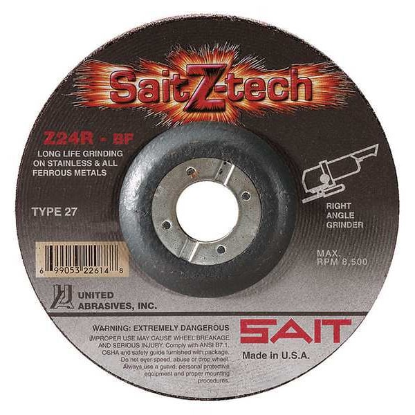 United Abrasives/Sait Rueda de Rectificado de Centro Deprimido, 27, 6" de diámetro, 1/4" de grosor, tamaño de agujero de husillo de 7/8", Alúmina de circonio - 22603