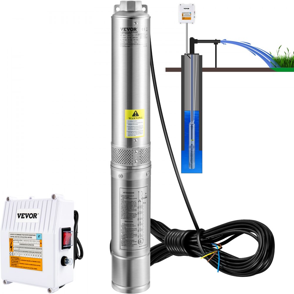 VEVOR Deep Well Submersible Pump, 2HP 230V/60Hz, 37GPM 427 ft Head, with 33 ft Cord & External Control Box, 4 inch Stainless Steel Water Pumps for Industrial, Irrigation and Home Use, IP68 Waterproof - SJQSBMBWZQDHM7C6LV4