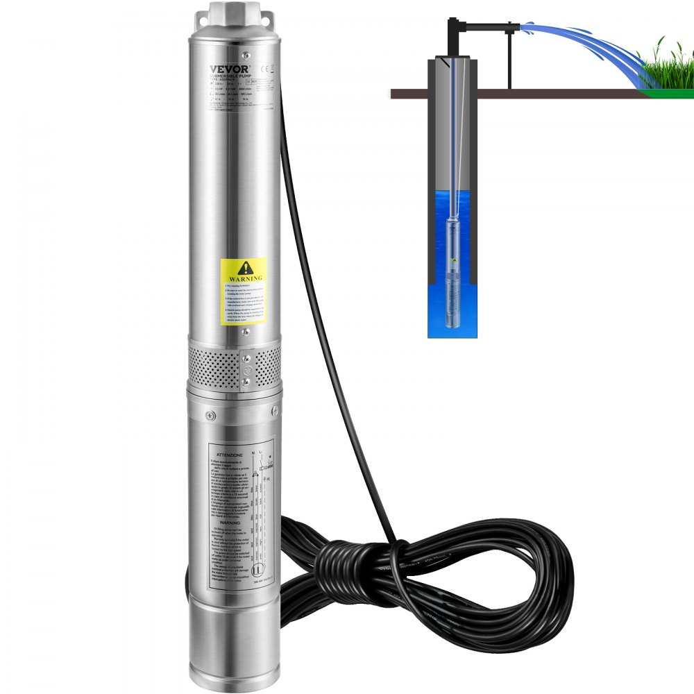 VEVOR Deep Well Submersible Pump, 1HP 230V/60Hz, 37gpm Flow 207ft Head, with 33ft Electric Cord, 4" Stainless Steel Water Pump for Industrial, Irrigation&Home Use, IP68 Waterproof Grade - SJQSBMBNZMC22GDBSV4