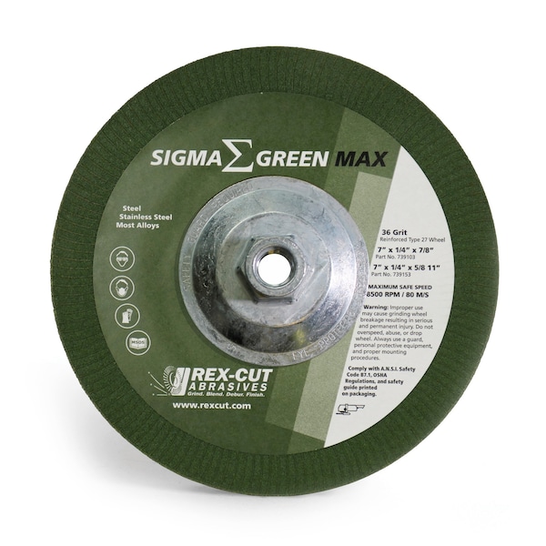 Rueda de esmerilado Rex Cut Sigma Green Max, 7 x 1/4 x 5/8-11", 36 granos - 739153