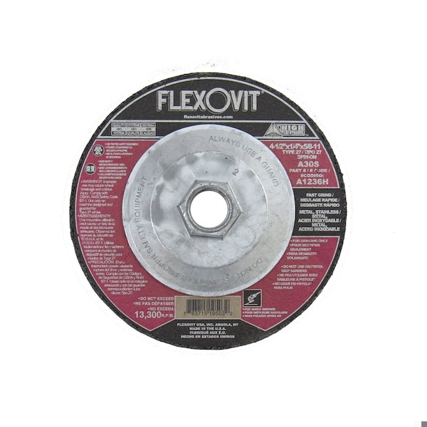 Rueda de esmerilado de centro deprimido Flexovit HP Fast Grind, 4-1/2 pulgadas de diámetro x 1/4 pulgadas de grosor, grano A30S, óxido de aluminio - A1236H