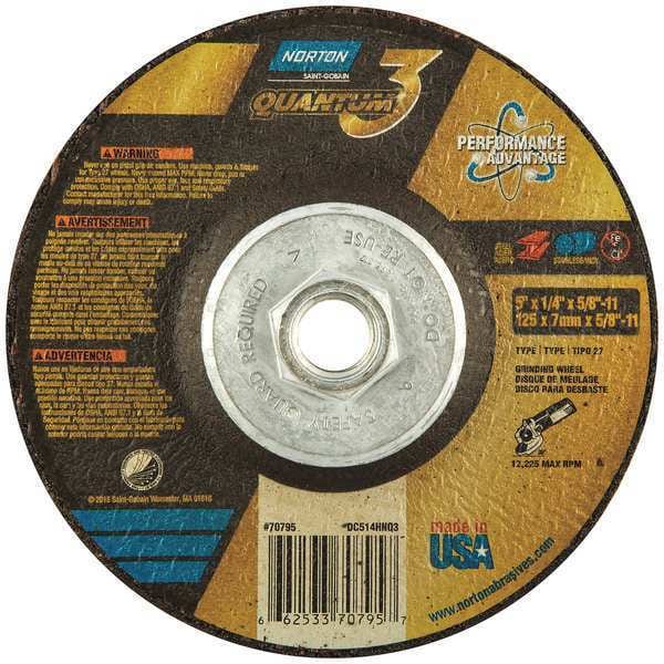 Ruedas de centro deprimido Norton Abrasives, Tipo 27, 5 pulgadas de diámetro, 0.25 pulgadas de grosor, tamaño de agujero central de 5/8"-11, cerámica - 66253370795.