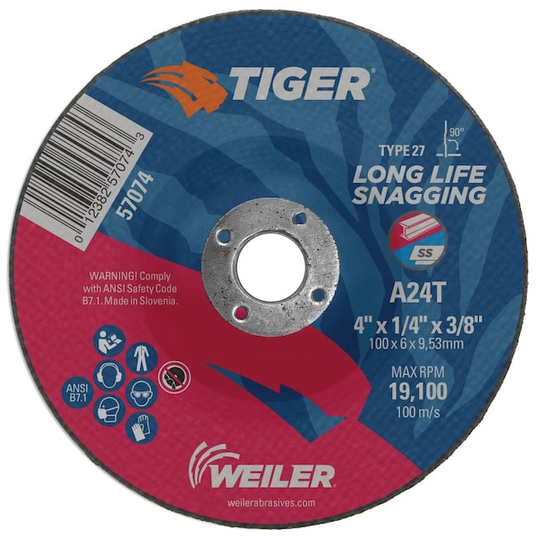 Rueda de rectificación Weiler TIGER AO Tipo 27 de 4" x 1/4", A24T, 3/8" de diámetro interno - 57074.