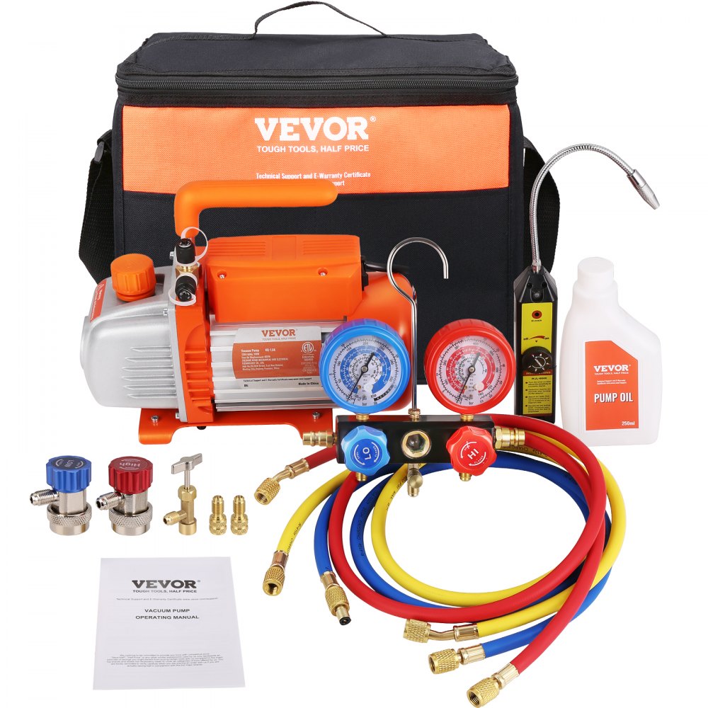 VEVOR 1/4 HP 4.5 CFM AC Vacuum Pump and Gauge Set, Single Stage Rotary Vane HVAC Air Vacuum Pump A/C Refrigerant Kit Manifold Gauge Set, with Three-Color Hose Carry Bag, Applicable to R134a, R410a - KDZ4CFM180WA15GDIV1