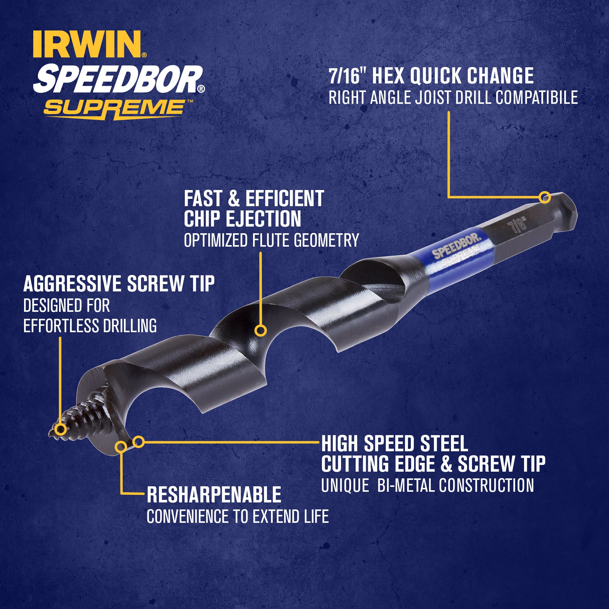 IRWIN SPEEDBOR SUPREME Broca de barrena de avellanado de madera de 7/8 pulg. x 7-1/2 pulg. - IWAX3018