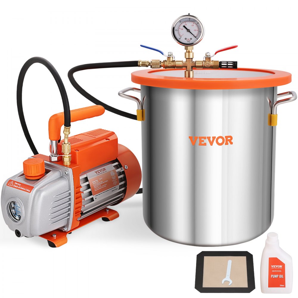 VEVOR 5 Gallon Vacuum Chamber and 3.5 CFM Pump Kit, Tempered Glass Lid Vacuum Degassing Chamber Kit, Single Stage Vacuum Pump with 250 ml Oil Bottle, for Stabilizing Wood, Degassing Silicones, Epoxies - ZKBTTZ35CFM150FSSV1