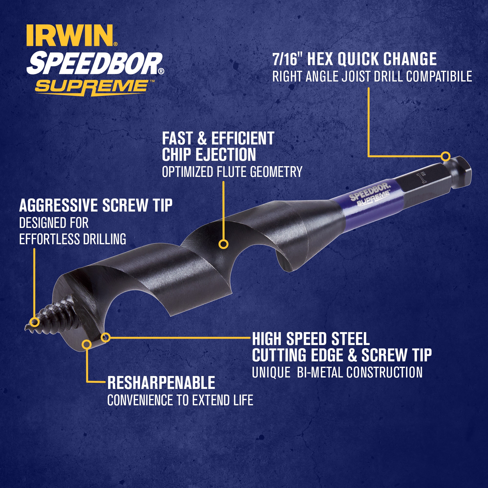 Broca sinfín para taladro de madera de 1 pulgada x 7-1/2 pulgadas Supreme IRWIN SPEEDBOR - IWAX3019