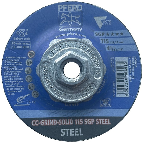 Muela Pferd 61171 4-1/2 pulgadas CC-Grind Solid - Rosca de 5/8 pulgadas-11 - Acero SGP Victograin - 61171-PFERD