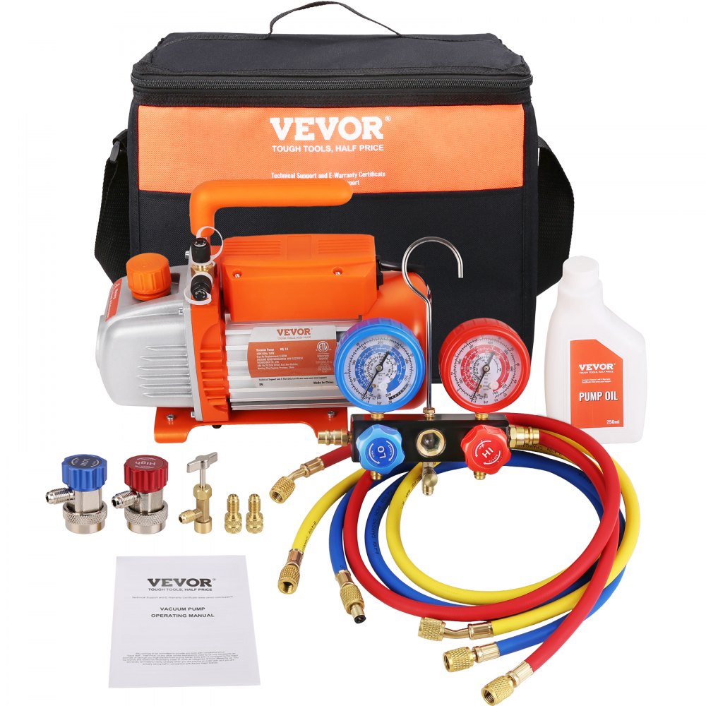 VEVOR 1/5 HP 3.5 CFM AC Vacuum Pump and Gauge Set, Single Stage Rotary Vane HVAC Air Vacuum Pump A/C Refrigerant Kit Manifold Gauge Set, with Three-Color Hose Carry Bag, Applicable to R134a, R410a - KD35CFM150WA11BIAV1