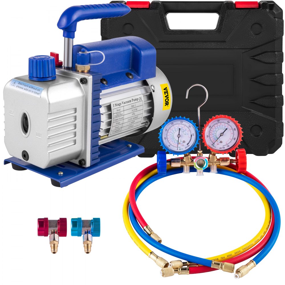 VEVOR 3CFM 1/4HP Single Stage Air Vacuum Pump HVAC R134a R12 R22 R410a A/C Refrigeration Kit AC Manifold Gauge R134 Can Tap Included Carrying Tote - 3CFM1-4HPZKBZUMC1V1