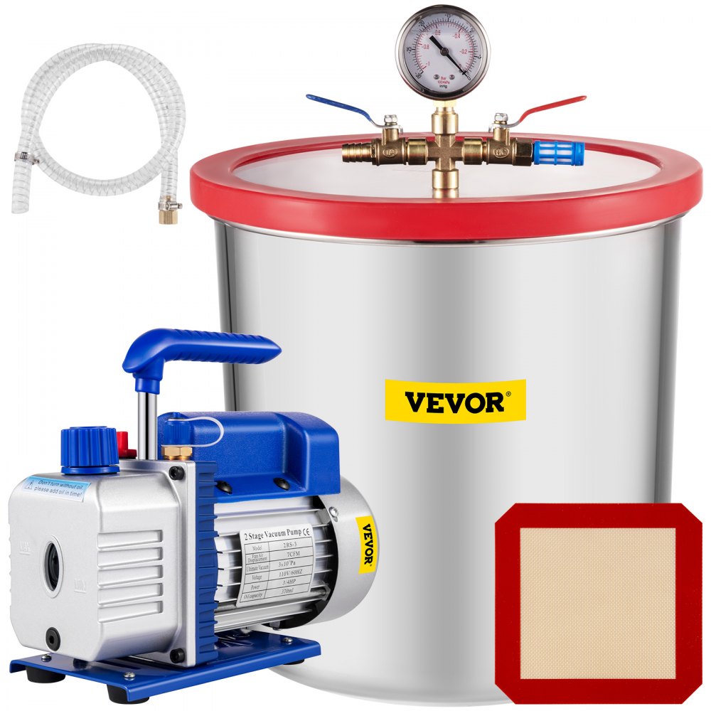 VEVOR Vacuum Pump 7 CFM 3/4HP Dual Stages Air Conditioning Vacuum Pump 2Stage With 5 Gallon Vacuum Chamber Ultimate Vacuum Manifold Gauge Set, Manifold Gauge and Hose for Air Conditioning Systems - QCKTZKB7CFM1-2+5TV1