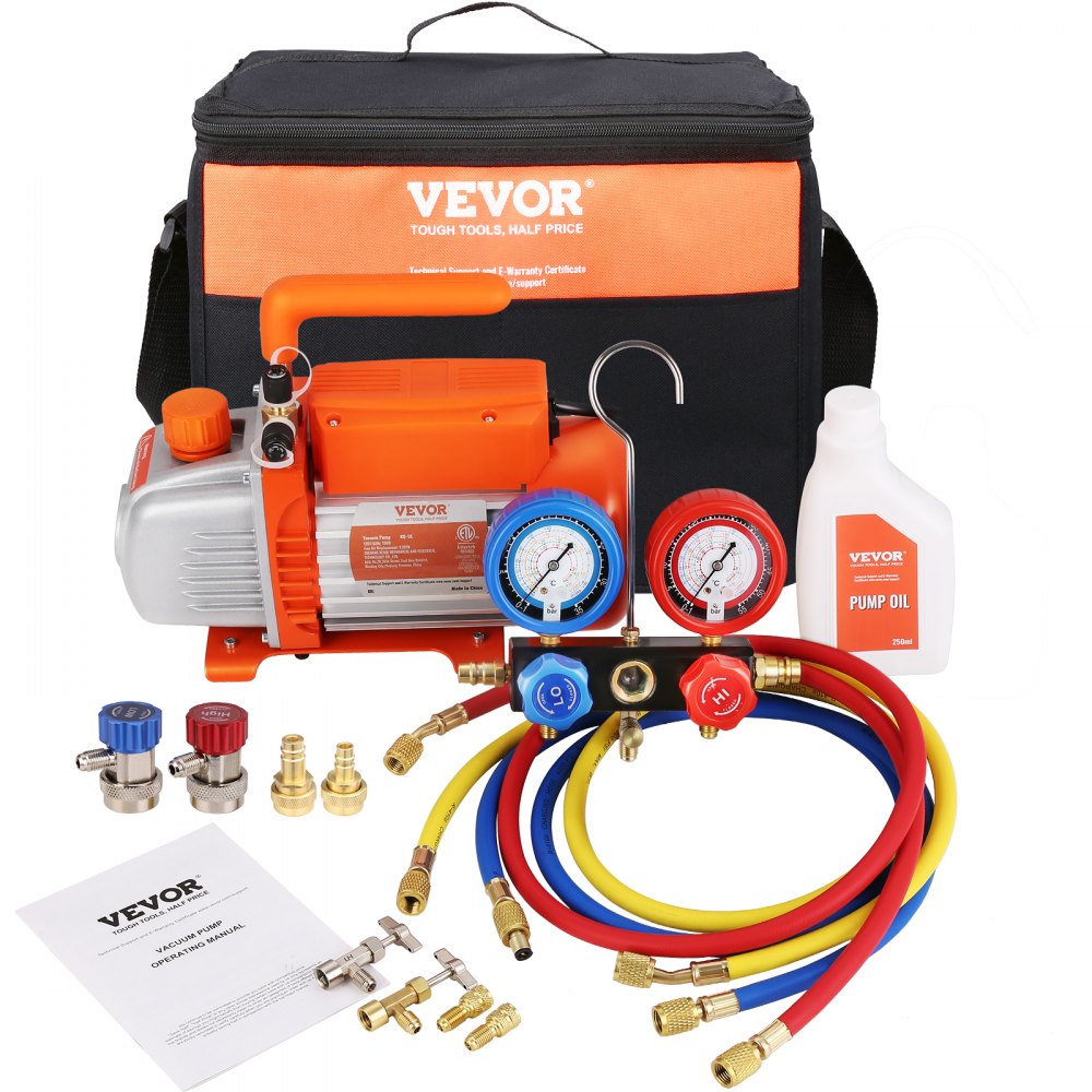 VEVOR 1/5 HP 3.5 CFM AC Vacuum Pump and Gauge Set, Single Stage Rotary Vane HVAC Air Vacuum Pump A/C Refrigerant Kit Manifold Gauge Set, with Three-Color Hose Carry Bag, Applicable to R134a, R1234yf - K35CFM150WA2L21TAV1