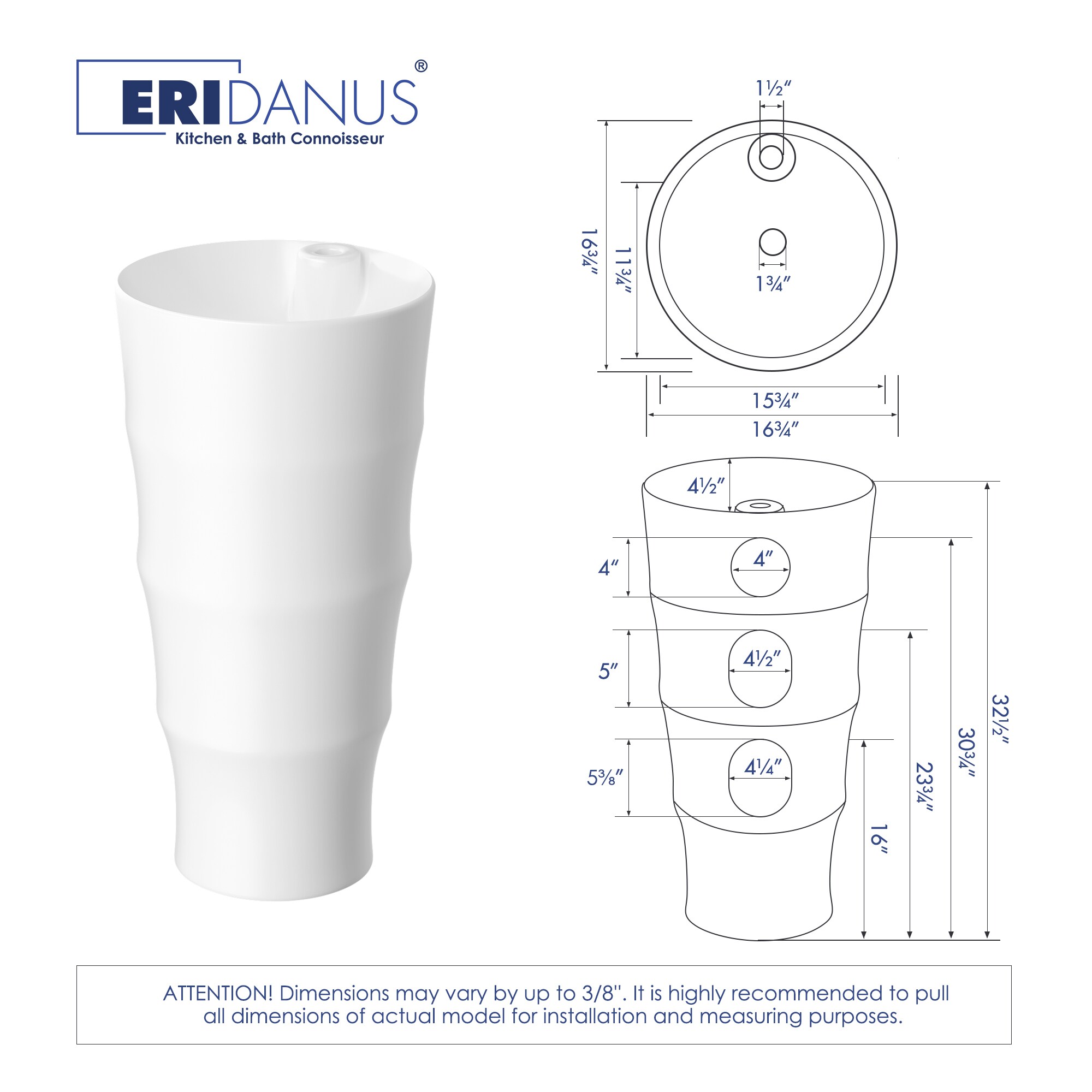 Eridanus Brooklyn Lavabo de pedestal moderno de porcelana vidriosa color blanco brillante (16.75 pulgadas x 32.5 pulgadas) - ERI-PB-414