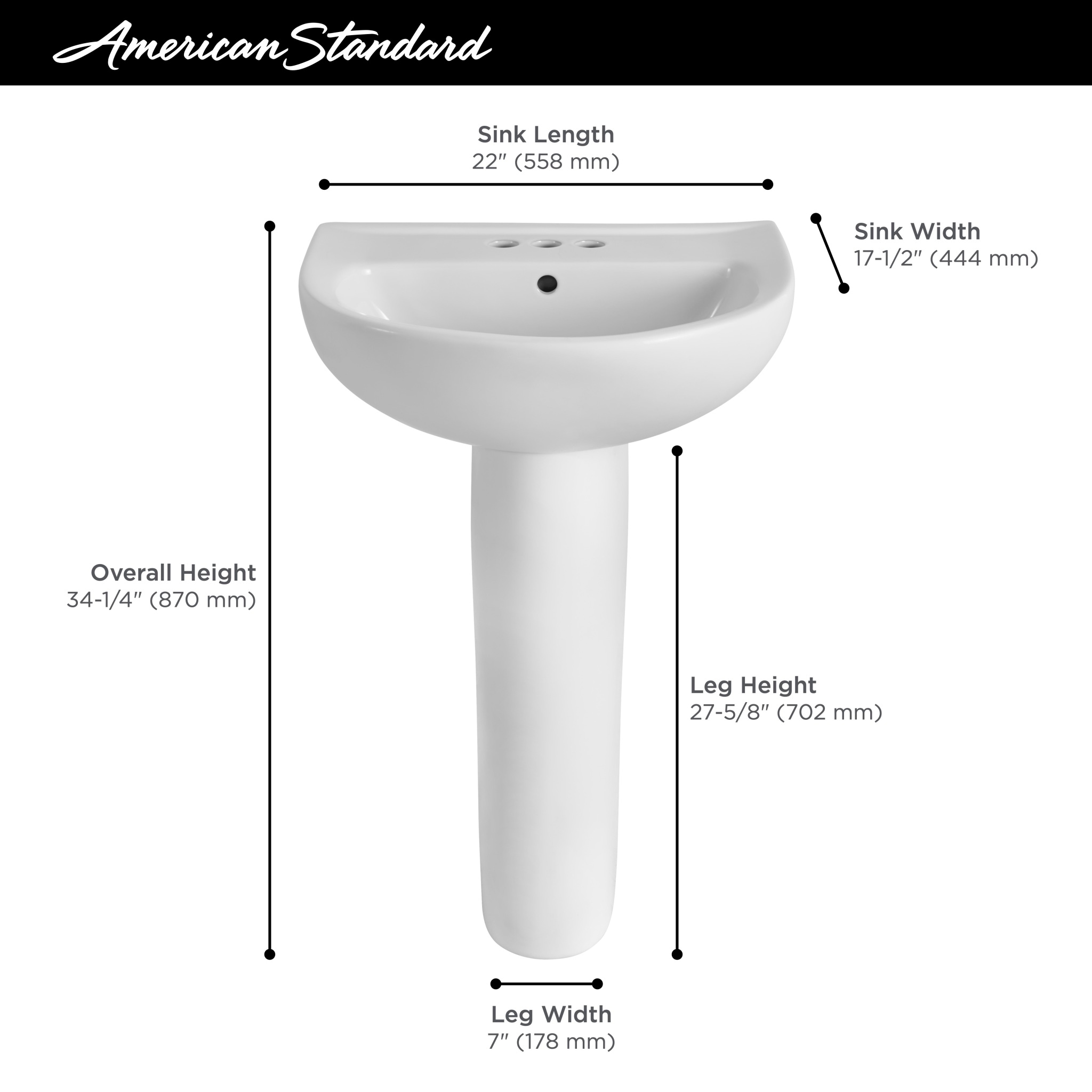 Fregadero con pedestal de porcelana vitrificada color blanco American Standard Mainstream (22 pulgadas x 17.5 pulgadas x 34.25 pulgadas) - 0467400R.020
