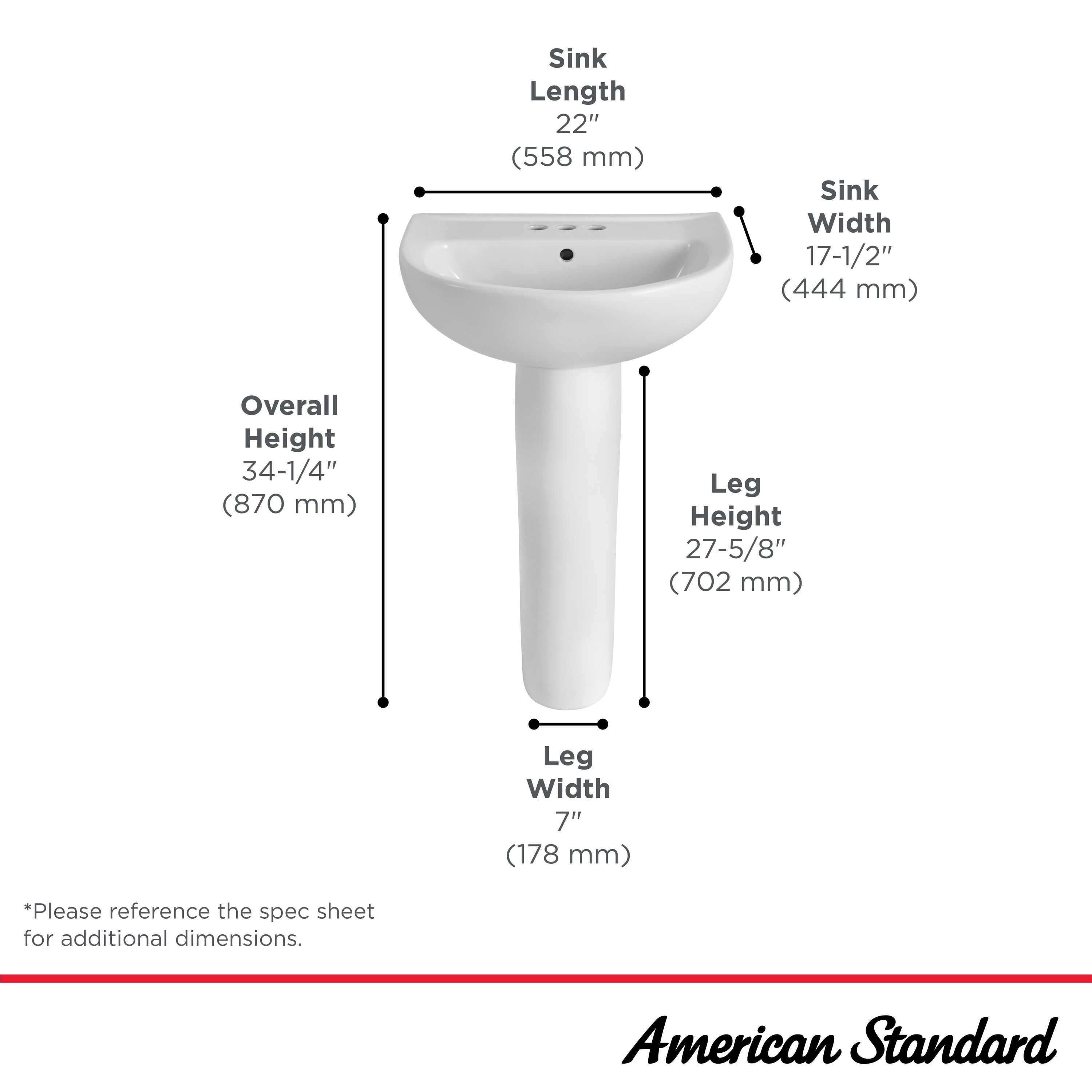 Fregadero con pedestal de porcelana vitrificada color blanco American Standard Mainstream (22 pulgadas x 17.5 pulgadas x 34.25 pulgadas) - 0467400R.020