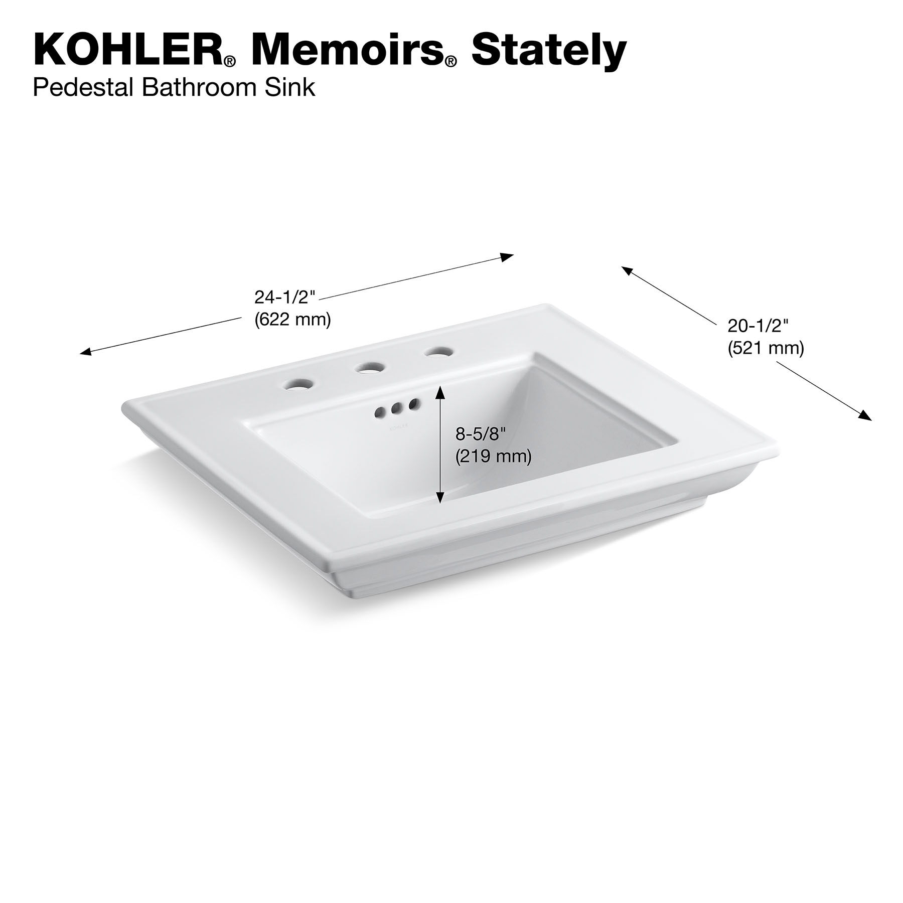 Kohler Memoirs Lavabo de Pedestal Blanco de Arcilla de Fuego (24.5 pulgadas x 20.5 pulgadas x 8.625 pulgadas) - R2345-8-0
