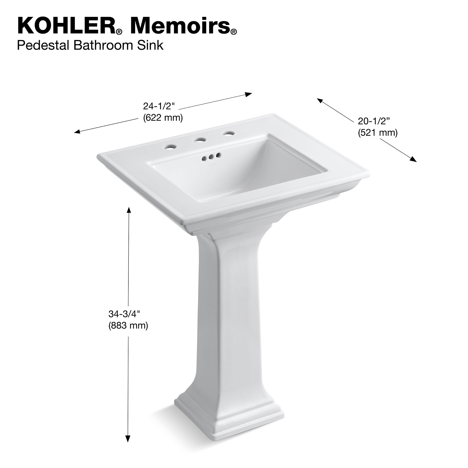 Base de lavabo con pedestal Memoirs de KOHLER en cerámica de fuego blanco (11.063 pulgadas x 10.188 pulgadas x 27.5 pulgadas) - R2267-0.