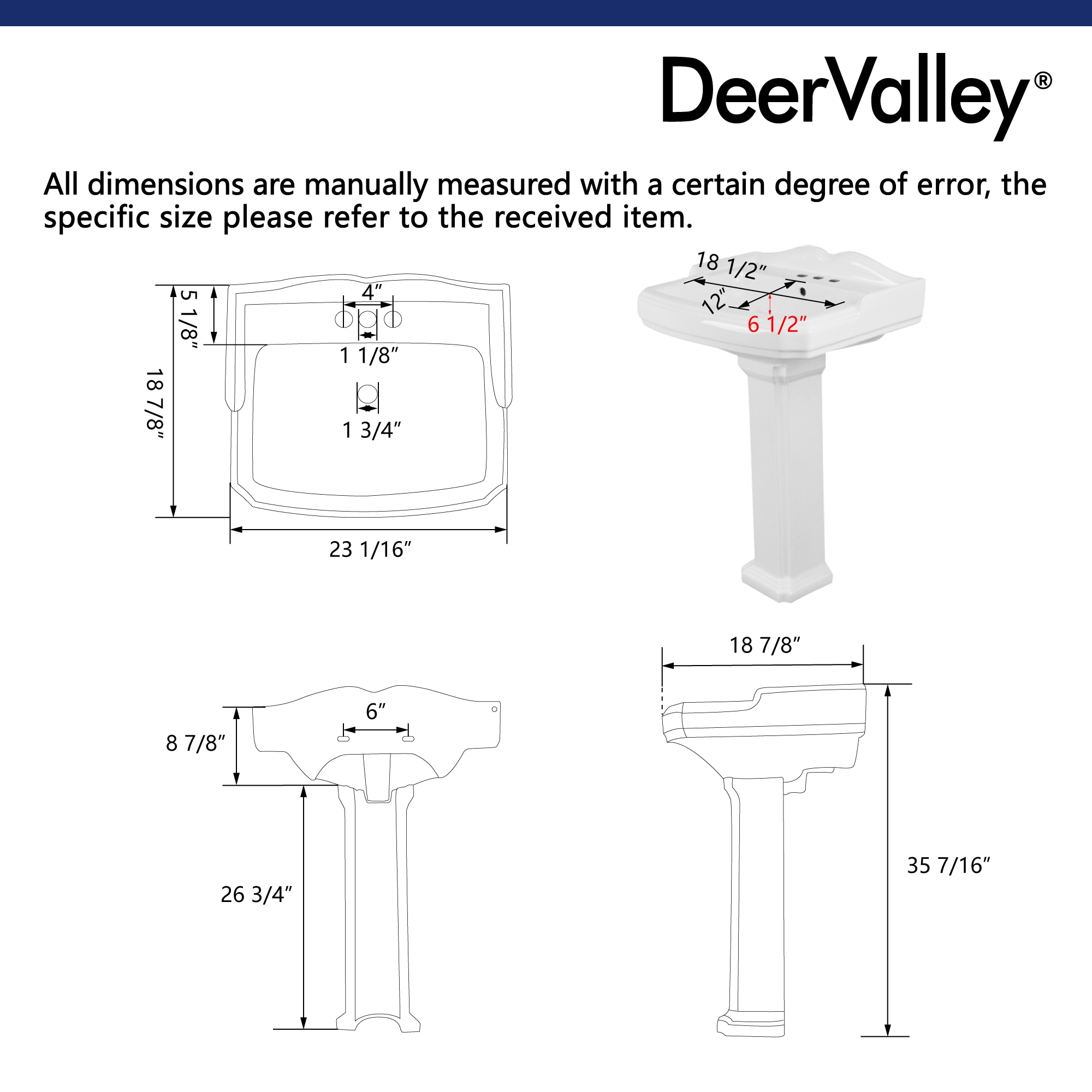 DeerValley Combo de Lavabo Pedestal en Cerámica Blanco (18.9 pulgadas x 23.03 pulgadas x 35.43 pulgadas) - DV-1P522