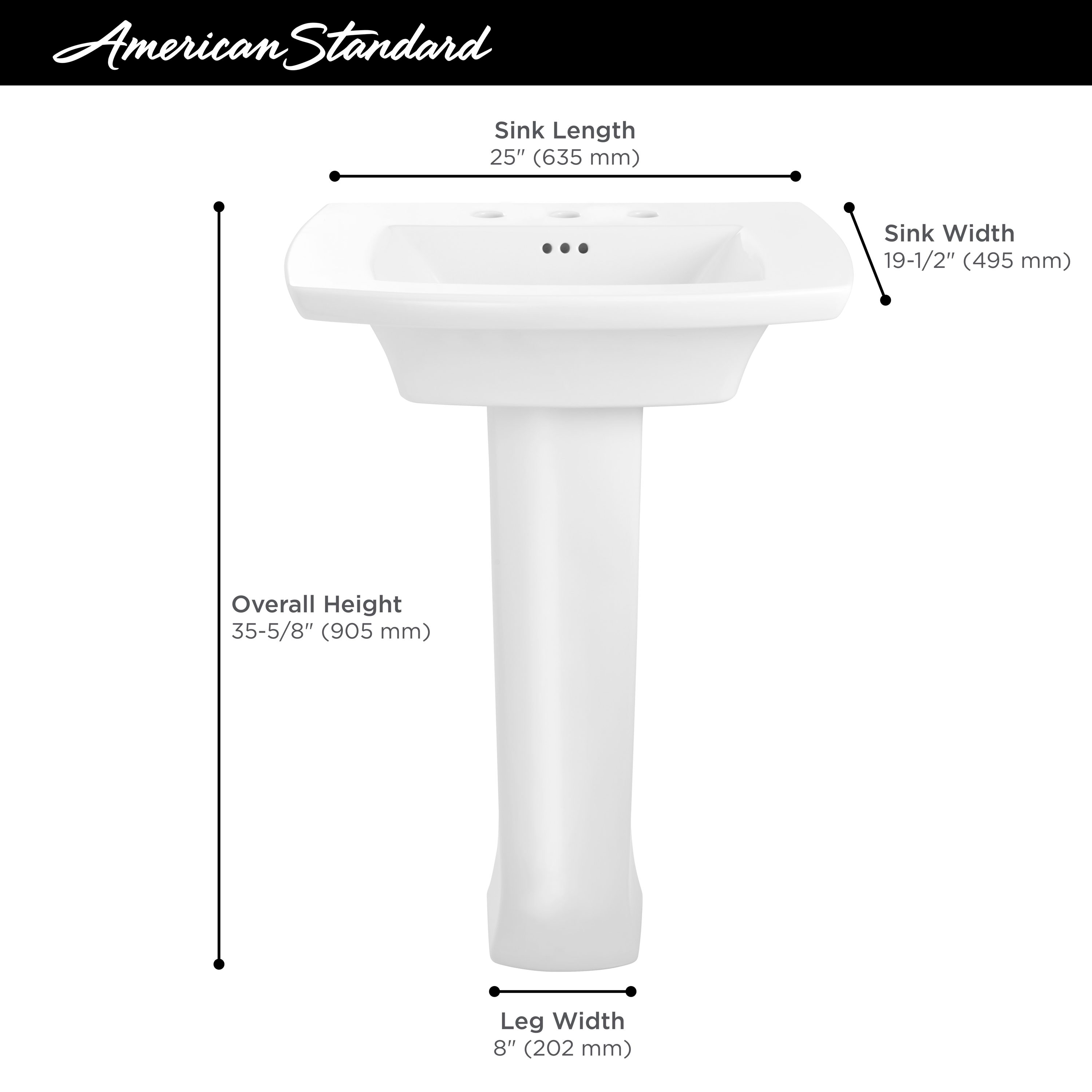 Fregadero de pedestal de porcelana blanca moderna American Standard Edgemere (combo de 19.5 pulgadas x 25 pulgadas x 35.625 pulgadas) - 0445800.020