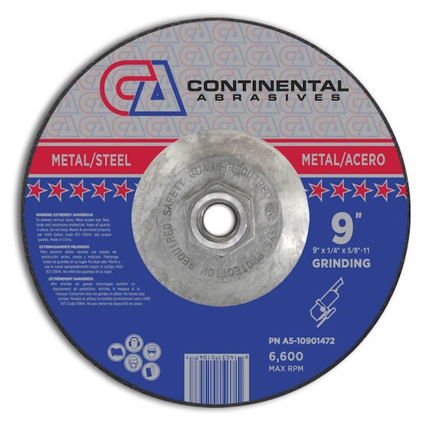 Rueda de rectificado de centro deprimido Continental Abrasives de 9" x 1/4" x 5/8-11" - Firma T27 - A5-10901472