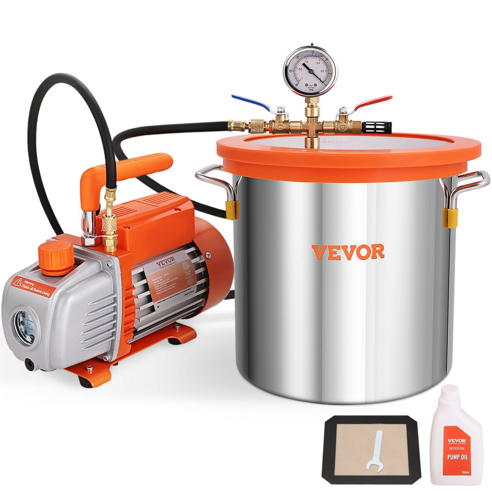 VEVOR 3 Gallon Vacuum Chamber and 3.5 CFM Pump Kit, Tempered Glass Lid Vacuum Degassing Chamber Kit, Single Stage Vacuum Pump with 250 ml Oil Bottle, for Stabilizing Wood, Degassing Silicones, Epoxies - ZKBTTZ35CFM15SWOEV1