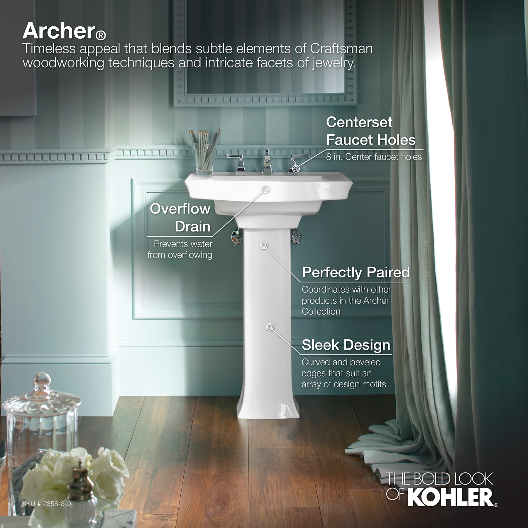 Base de lavabo de pedestal blanco de porcelana vitrificada Archer de KOHLER (27.75 pulgadas x 13.4 pulgadas x 27.75 pulgadas) - 2357-0