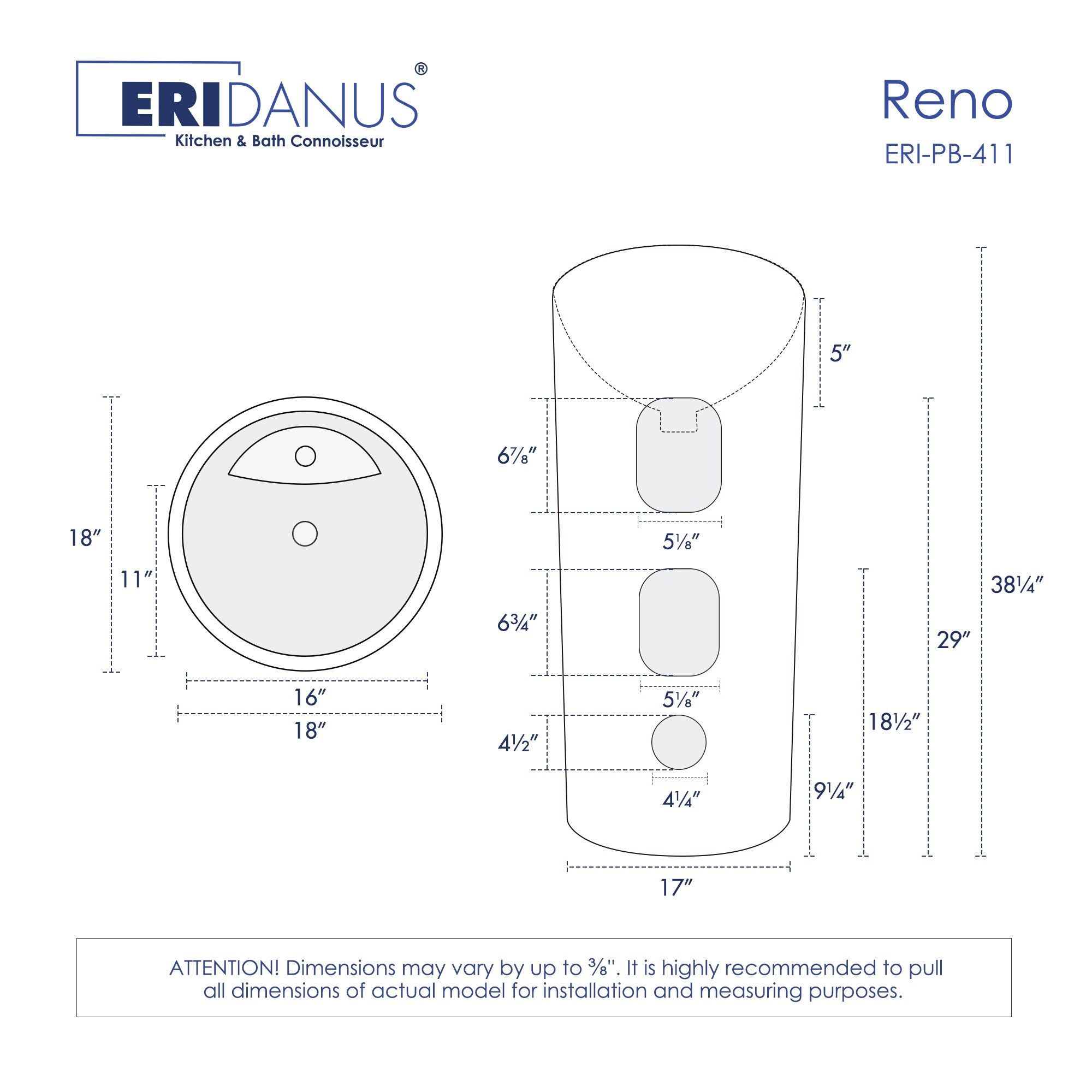 Eridanus Reno Lavabo de Pedestal de China Vítrea Moderno Blanco y Nítido Combo (18 pulgadas x 38.25 pulgadas) - ERI-PB-411