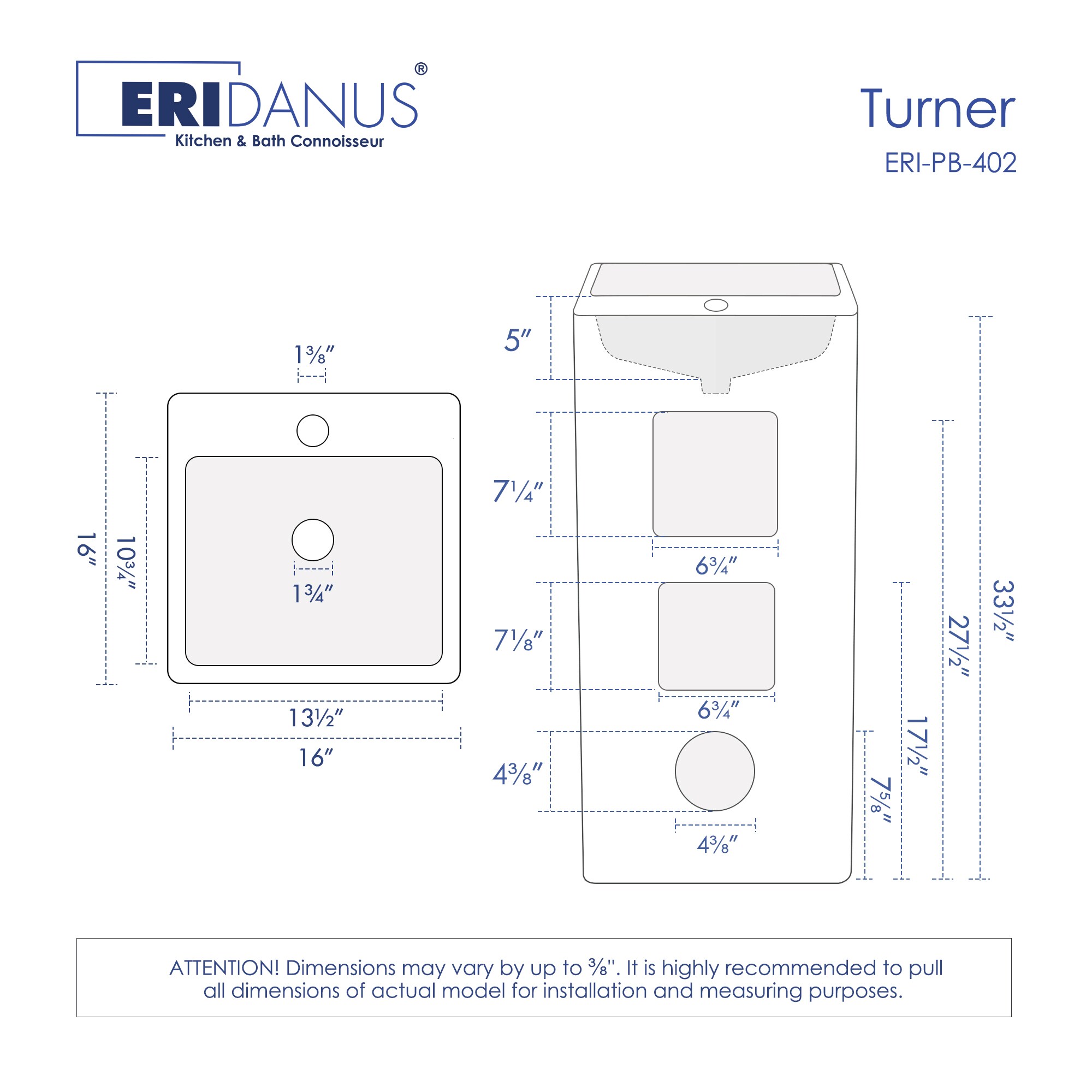 Eridanus Eridanus Turner Lavabo Peonín de China Vítrea Blanco Moderno Combo (16 pulgadas x 33 pulgadas) - ERI-PB-402-A