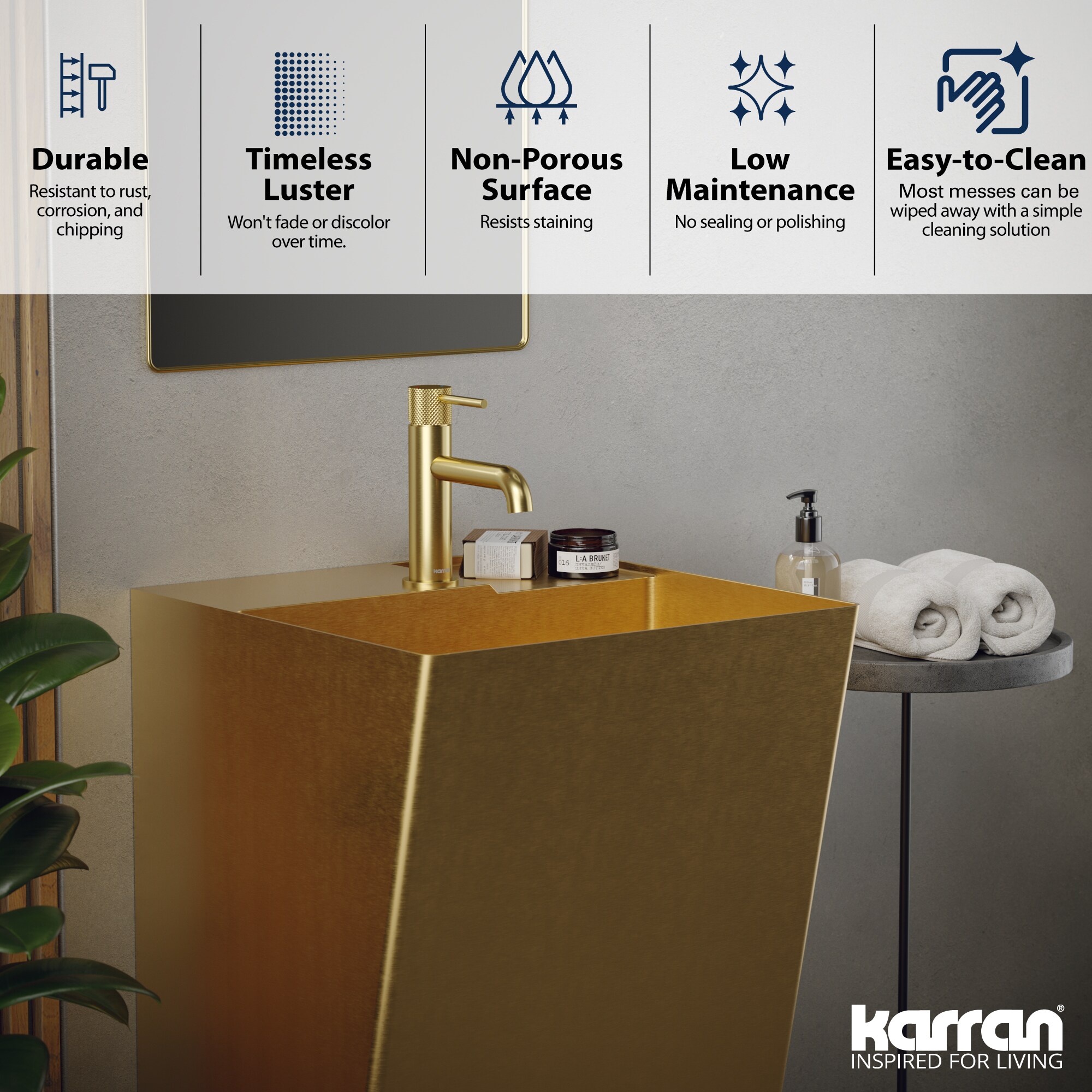 Fregadero de pedestal de acero inoxidable dorado Karran Karran con desagüe (19.75 pulgadas x 16.5 pulgadas x 32.75 pulgadas) - CCP500G