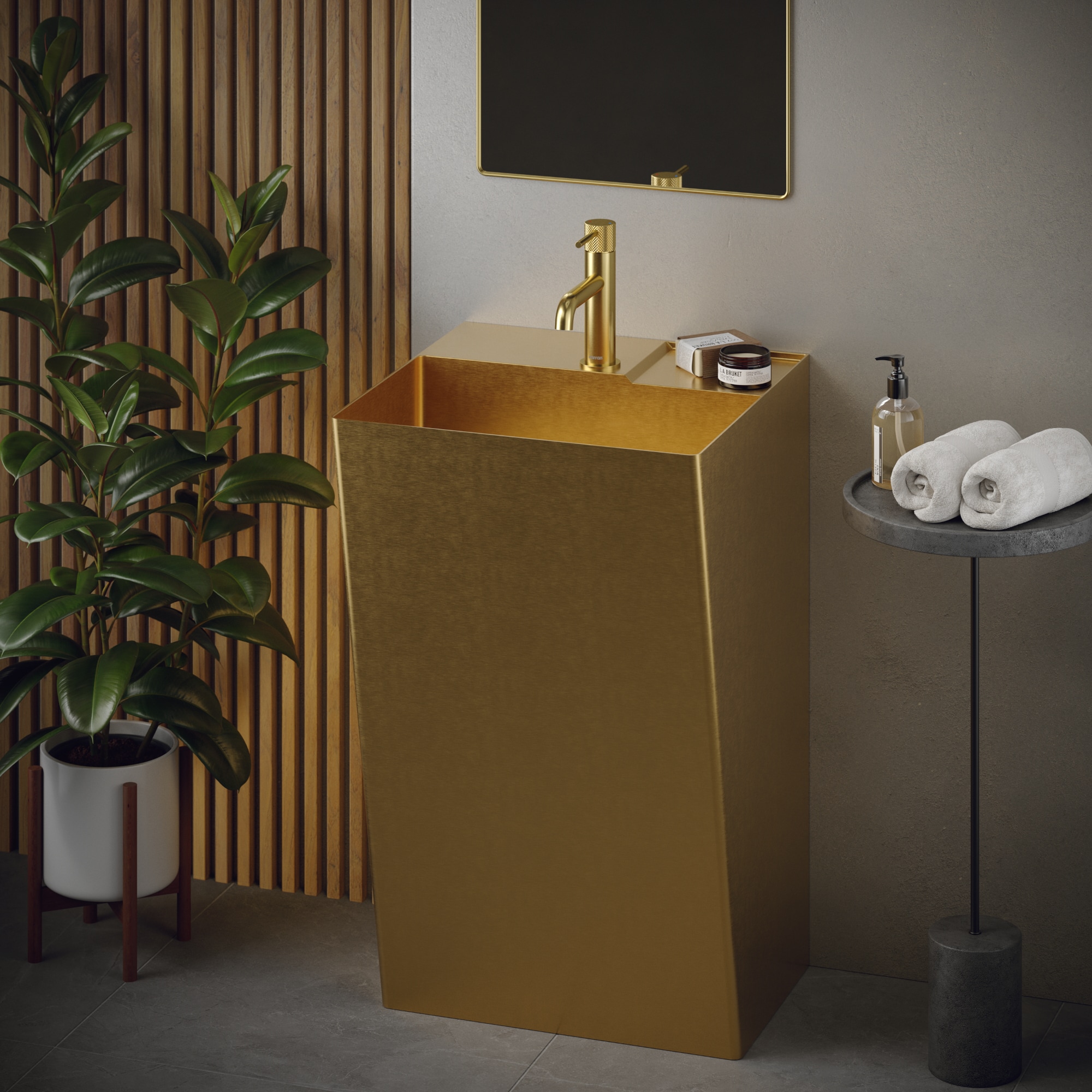 Fregadero de pedestal de acero inoxidable dorado Karran Karran con desagüe (19.75 pulgadas x 16.5 pulgadas x 32.75 pulgadas) - CCP500G