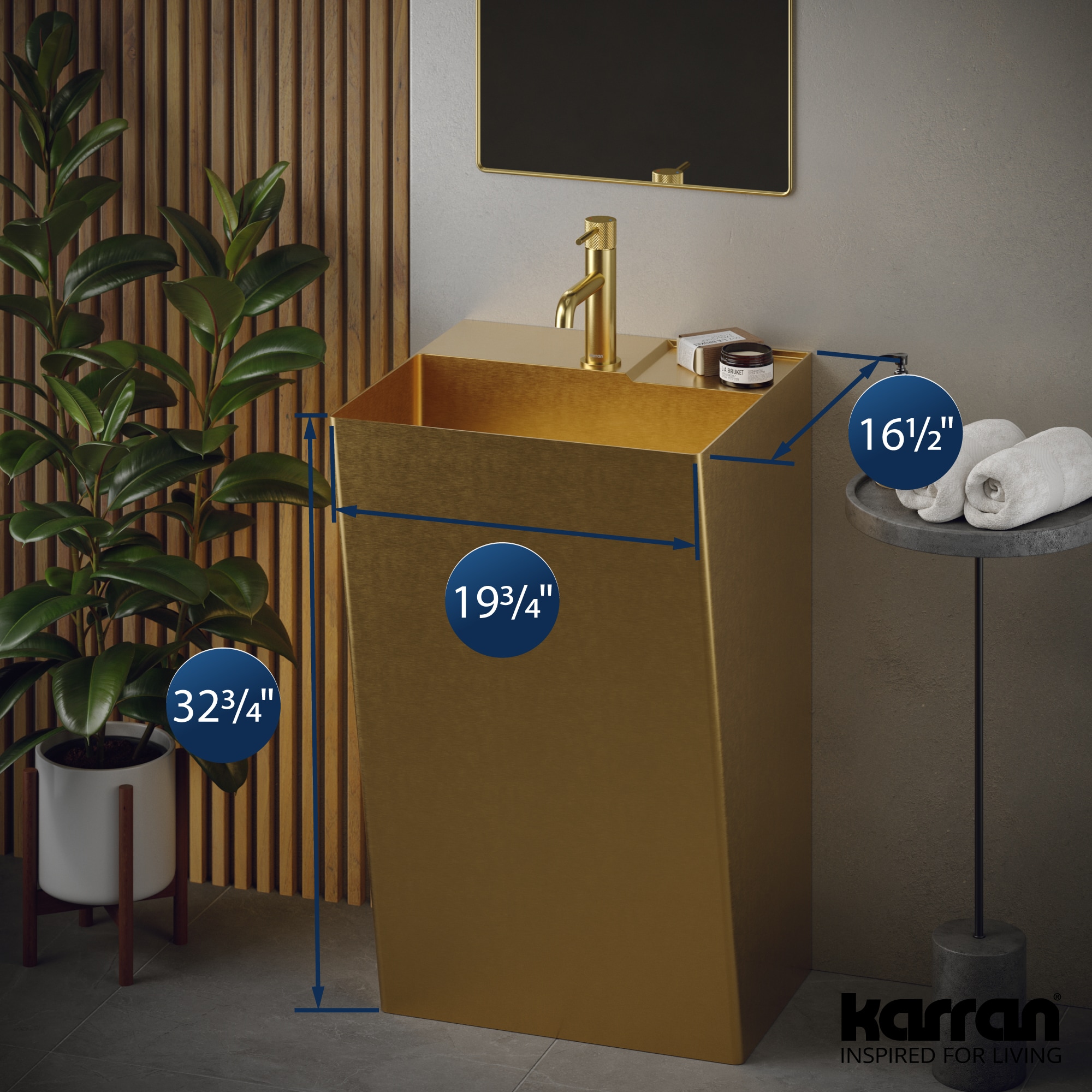 Fregadero de pedestal de acero inoxidable dorado Karran Karran con desagüe (19.75 pulgadas x 16.5 pulgadas x 32.75 pulgadas) - CCP500G