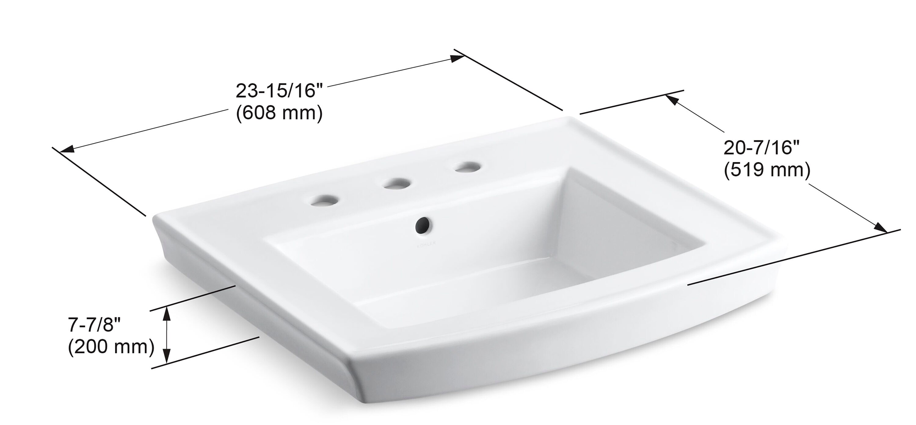 Archer Lavabo Pedestal de Porcelana Blanca de KOHLER (23.94 pulgadas x 20.44 pulgadas x 7.94 pulgadas) - 2358-8-0