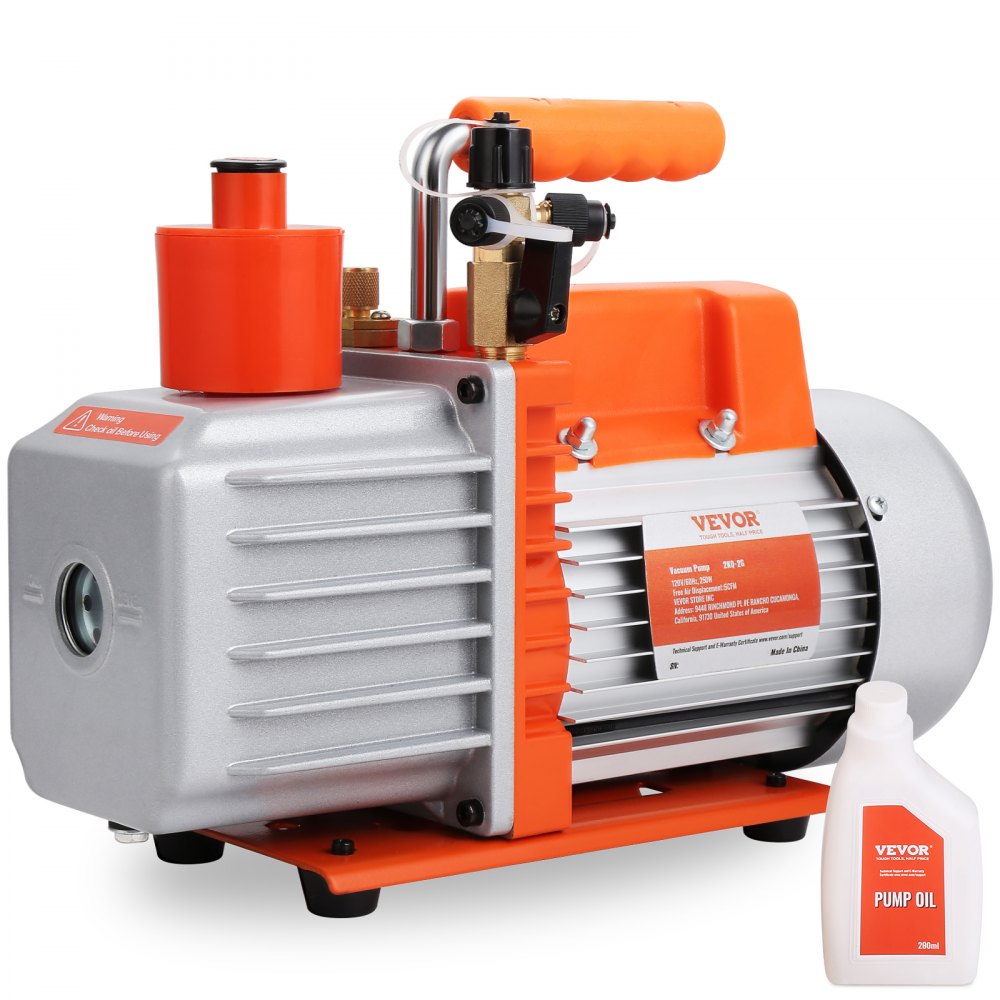 VEVOR 1/3 HP 2 Stage Rotary Vane Vacuum Pump, 5 CFM, 120V Air Conditioning Vacuum Pump, 1/4" SAE Male 3/8" SAE Male 1/2" ACME Male Inlet, for HVAC Repair, Refrigeration Maintenance, Resin Degassing - KDZ5CFM250WA19KI5V1