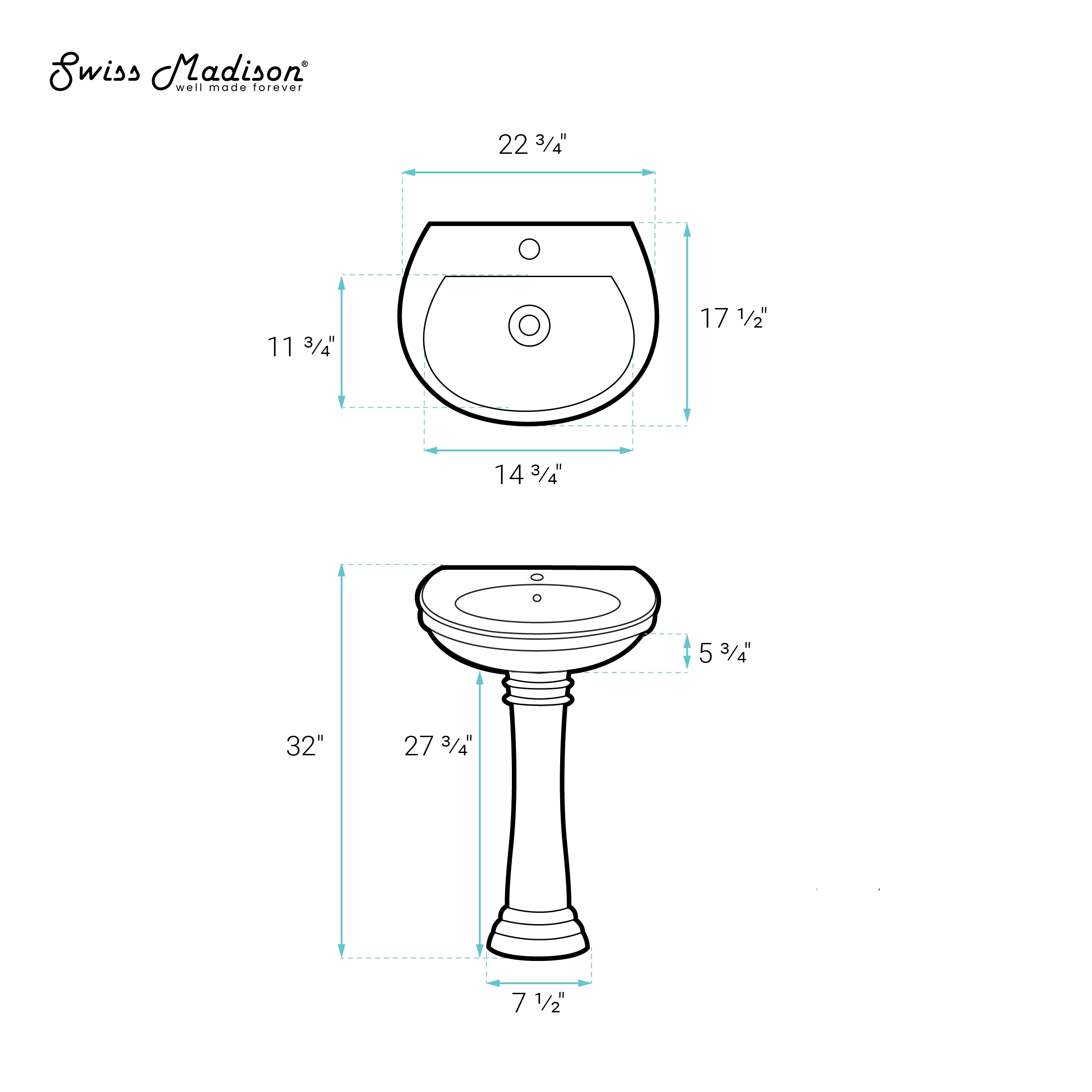 Lavabo pedestal moderno de cerámica Celeste en blanco brillante Swiss Madison (23 pulgadas x 32 pulgadas) - SM-25-PSCEL03WH