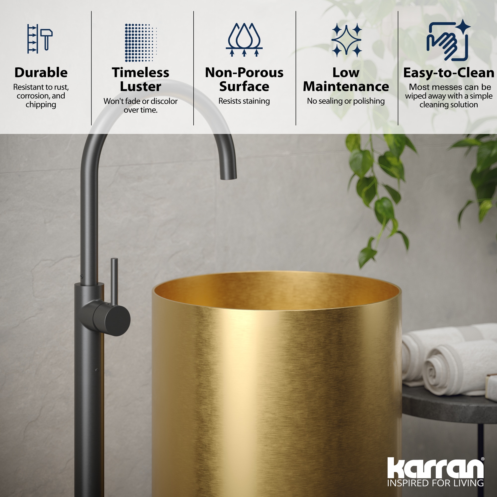 Fregadero con pedestal de acero inoxidable dorado Karran con desagüe (15 pulgadas x 32.75 pulgadas) - CCP100G