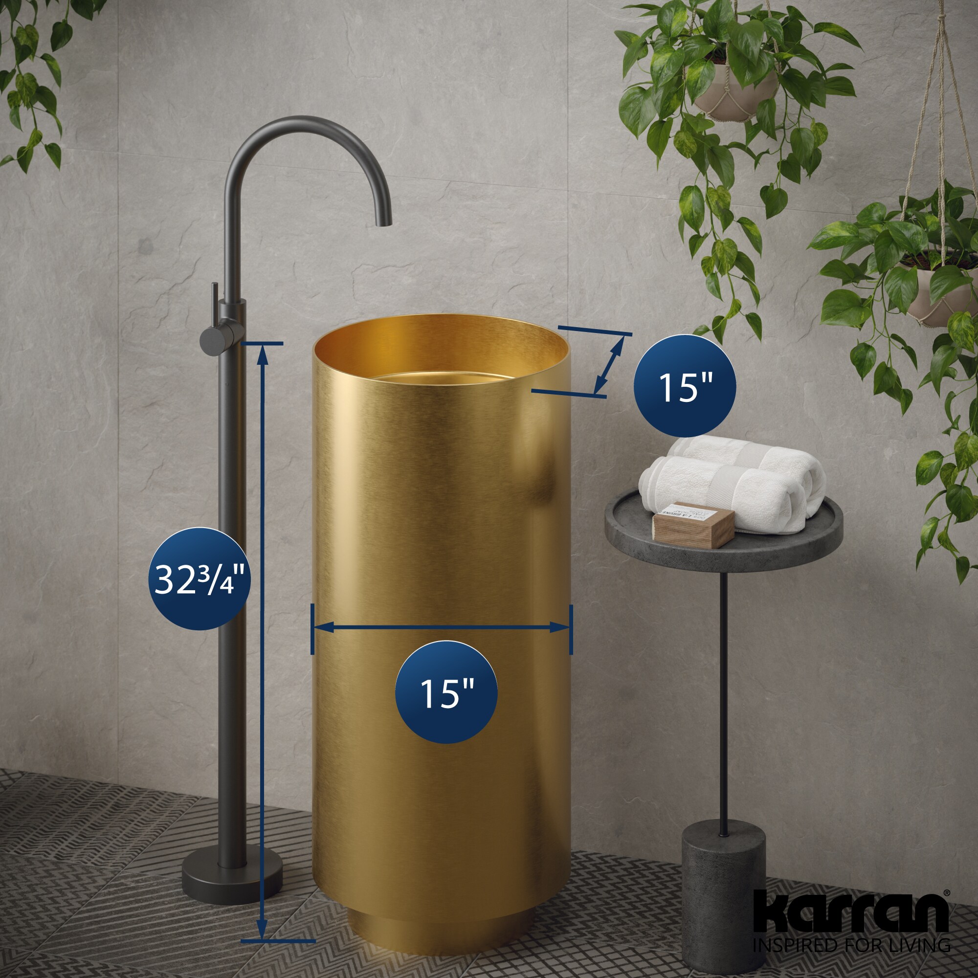 Fregadero con pedestal de acero inoxidable dorado Karran con desagüe (15 pulgadas x 32.75 pulgadas) - CCP100G