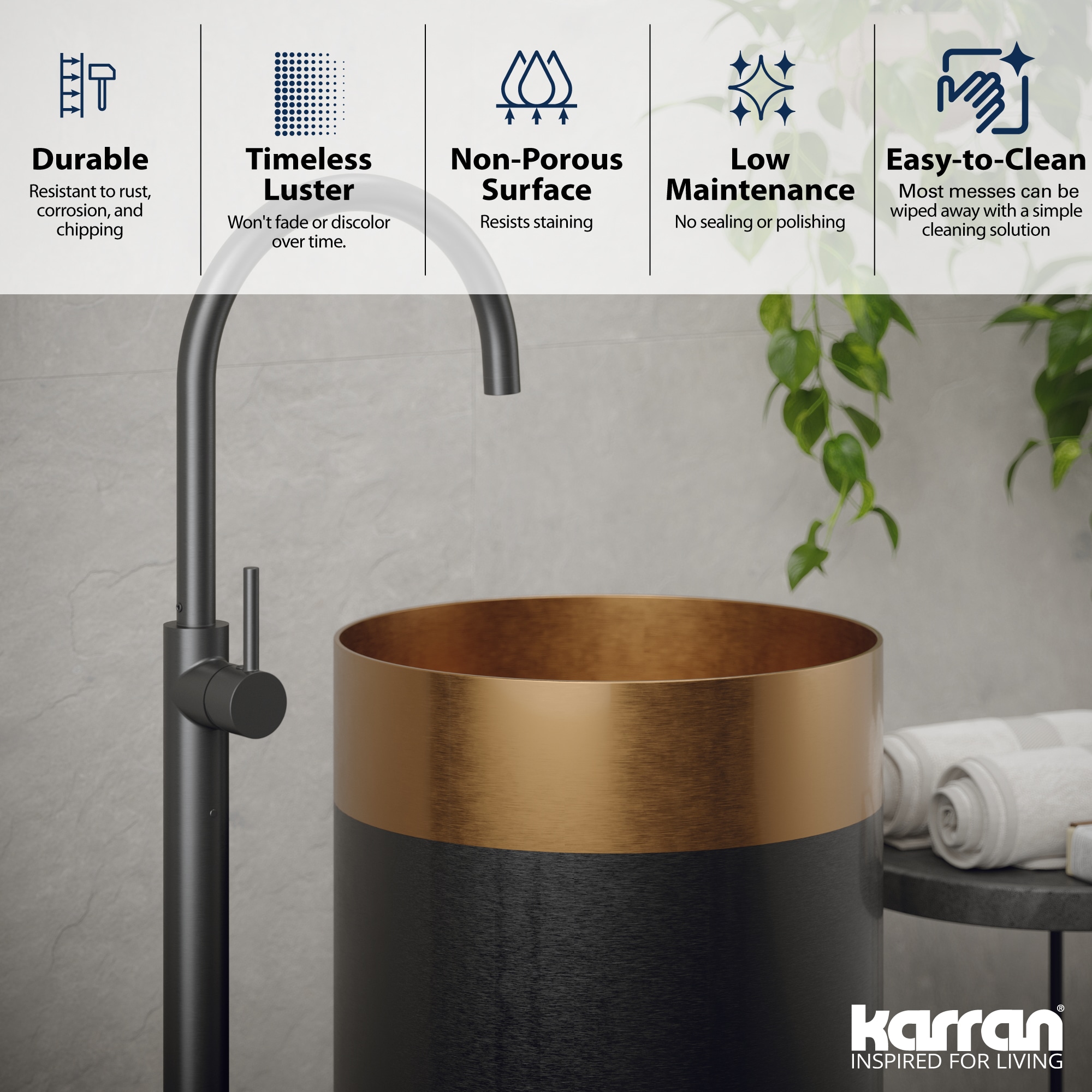 Karran Combo de fregadero de pedestal de acero inoxidable y cobre con desagüe (15 pulg. x 32.75 pulg.) - CCP200BC