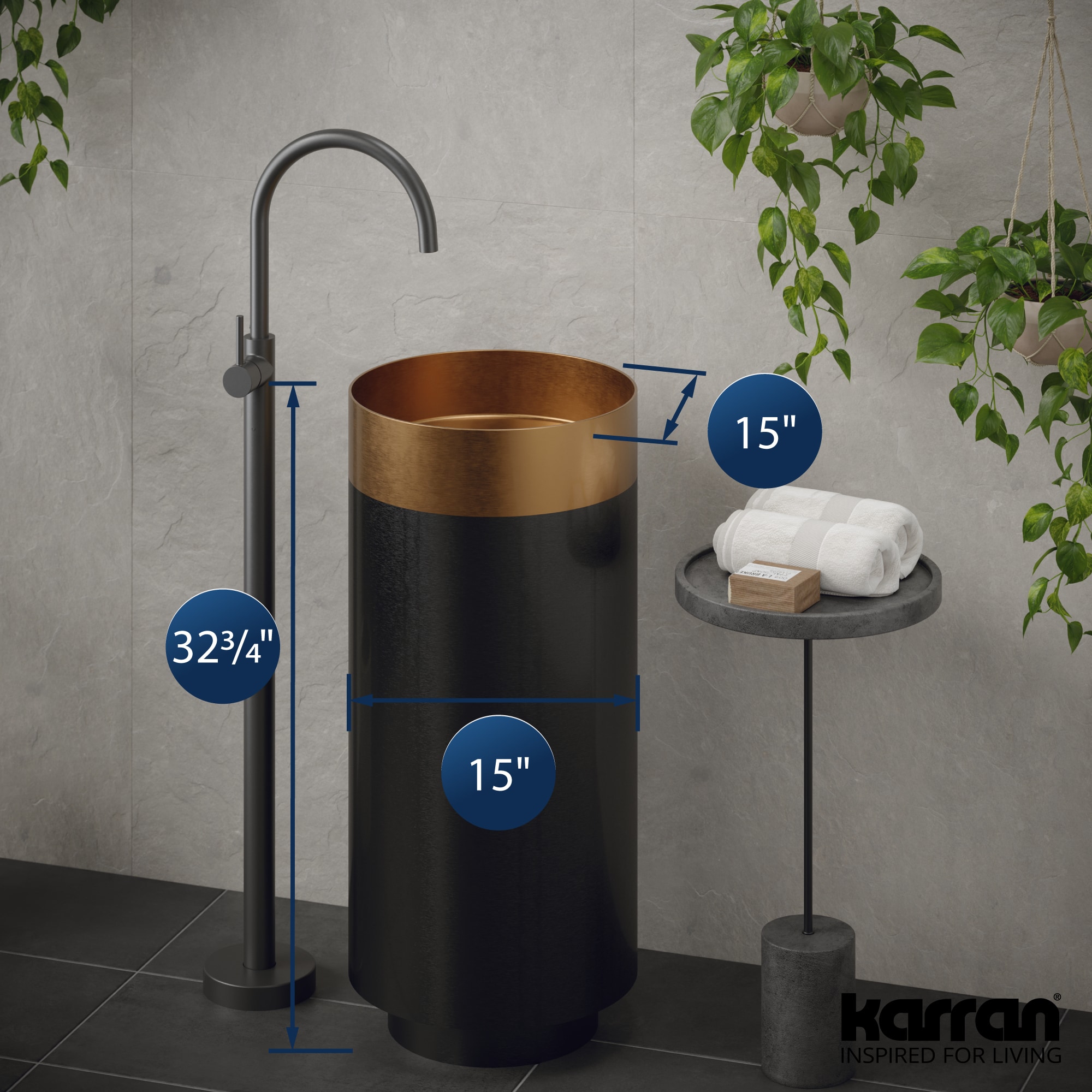 Karran Combo de fregadero de pedestal de acero inoxidable y cobre con desagüe (15 pulg. x 32.75 pulg.) - CCP200BC