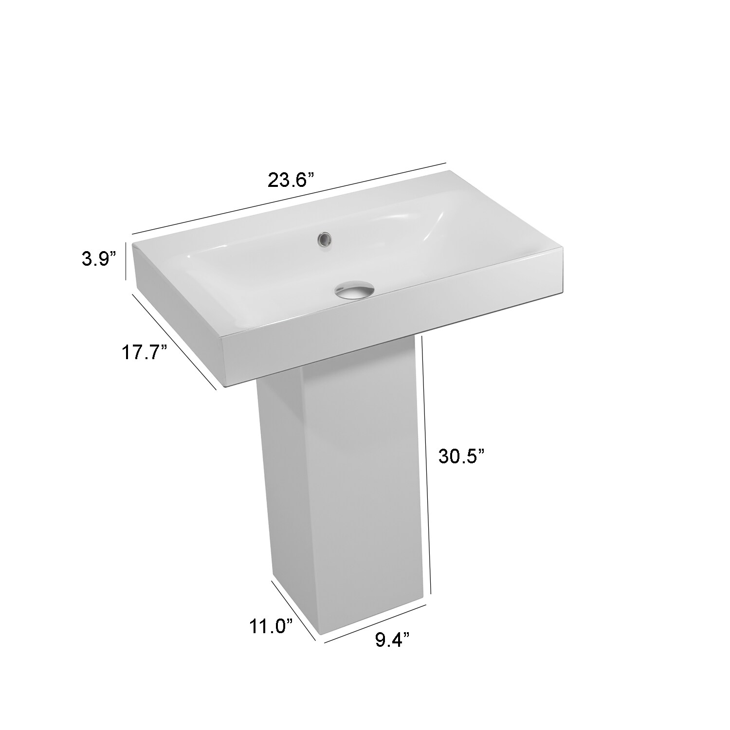 Colecciones de baño WS Bath Colecciones WS Baño Colecciones Momento Lavamanos con pedestal de cerámica moderno blanco Fireclay Combo (23.6 pulgadas x 17.7 pulgadas x 34.4 pulgadas) - MOMENTO 31+70