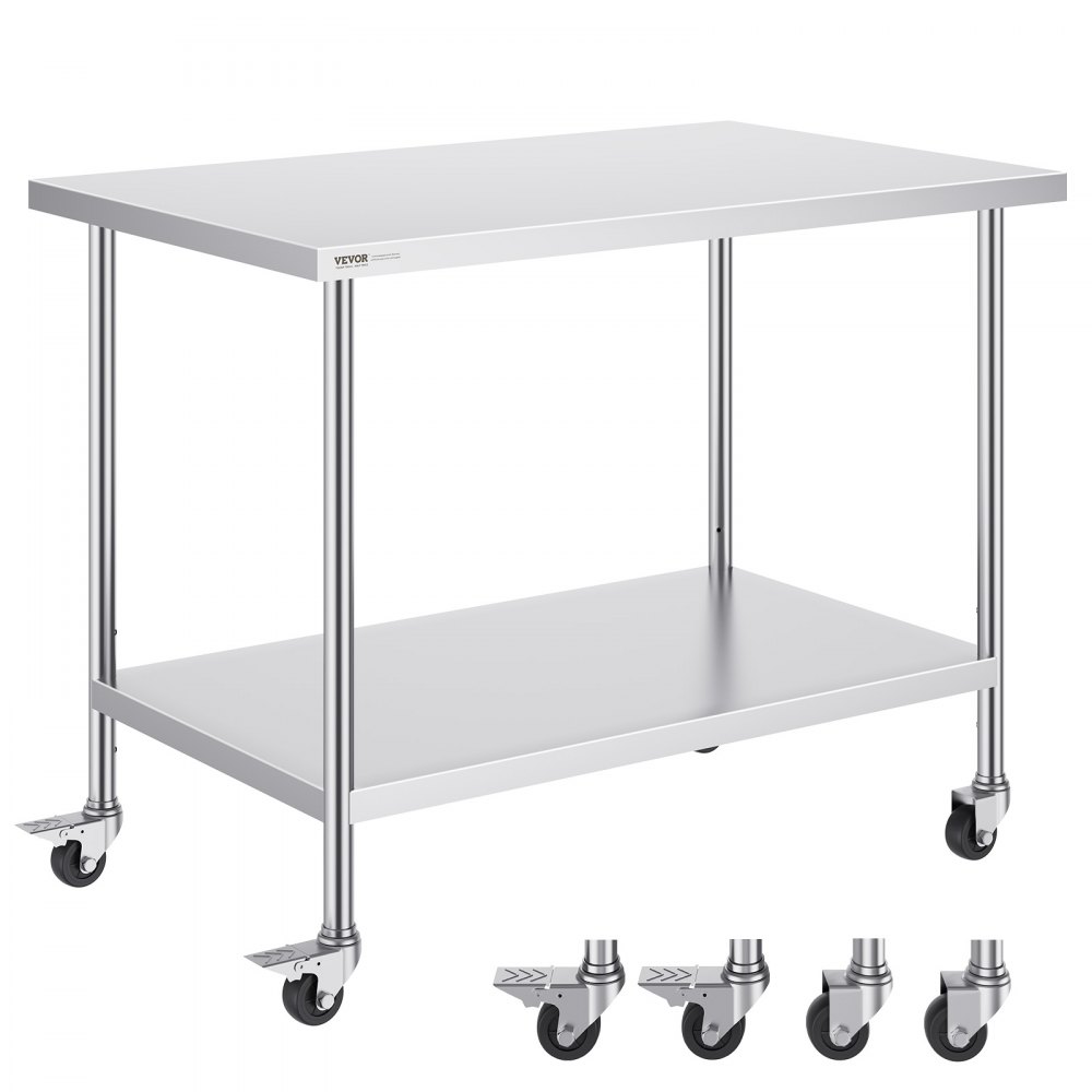VEVOR Stainless Steel Work Table 30 x 48 x 38 Inch, with 4 Wheels, 3 Adjustable Height Levels, Heavy Duty Food Prep Worktable for Commercial Kitchen Restaurant, Silver - CFBXGGZTLCDJ6KFNJV0