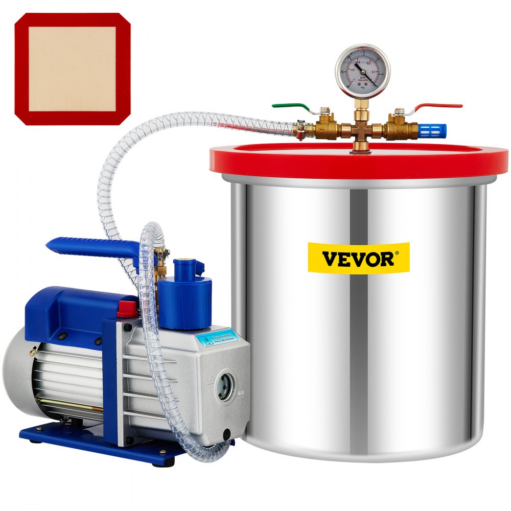 VEVOR Vacuum Chamber with Pump, 5 Gallon Chamber, 5 CFM 1/3 HP Single Stage Rotary Vane Vacuum Pump, 110 V HVAC Air Tool Set for Stabilizing Wood, Degassing Silicones, Epoxies and Essential Oils - S13HP5CFM110VVAFJV1