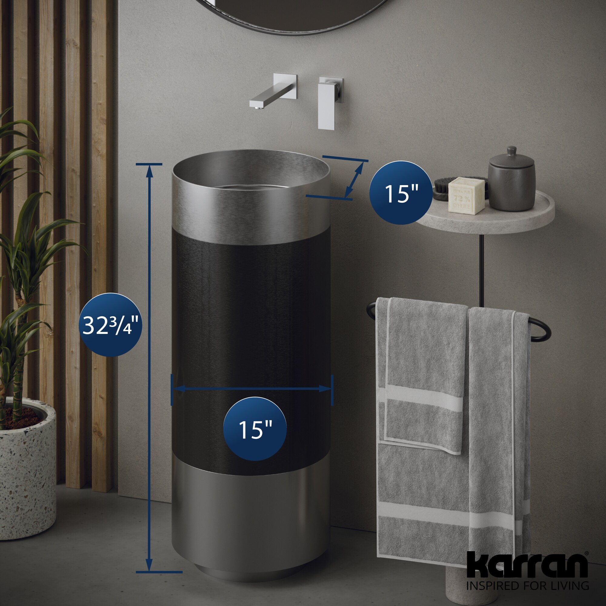 Karran Conjunto de lavabo de pedestal de acero inoxidable satinado con desagüe (15 pulgadas x 32.75 pulgadas) - CCP300SS