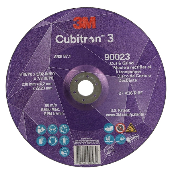 3M Cubitron 3 Rueda para cortar y moler, 90023, 36+, T27, 9 pulgadas x 5/32 pulgadas x 7/8 pulgadas (230 x 4.2 x 22.23 mm), ANSI, 10/Paquete - 90023