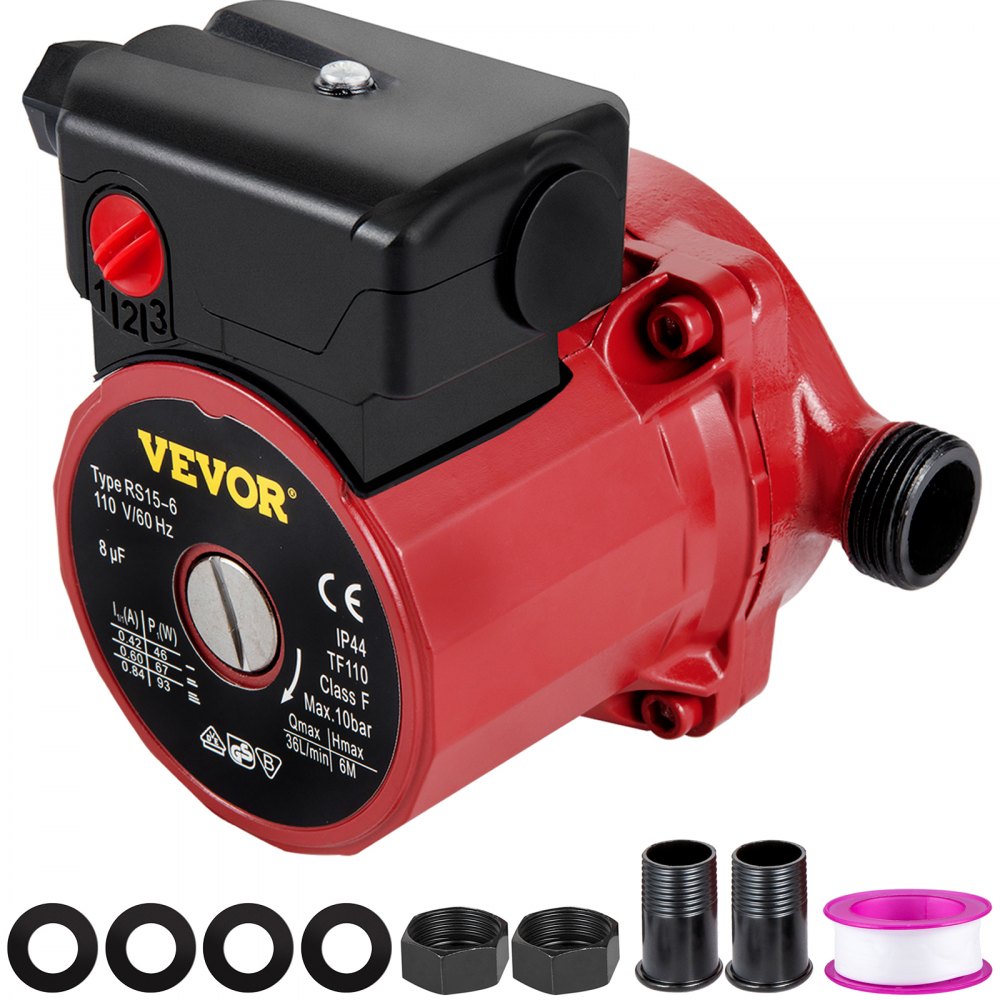 VEVOR Recirculating Pump, 93W 110V Water Circulator Circulating Pump NPT 3/4" w/Brass Fittings, 3-speed Control Recirculation 9.5 Gpm RS15-6 for Electric Water Heater System - ZYBRS15-600000001V1